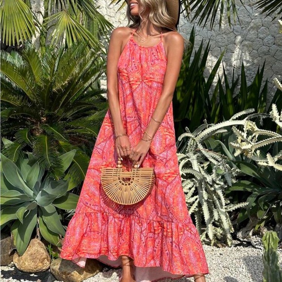 Boho Floral Paisley Print Hi Low Hem Backless Open Back Halter Maxi Dress - Picture 3 of 5